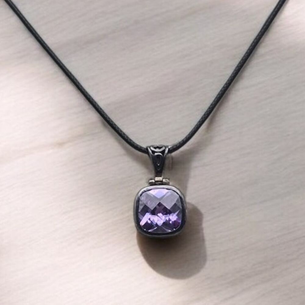 Sterling Silver Purple Crystal Pendant Necklace Black Cord - Minimalist Romantic